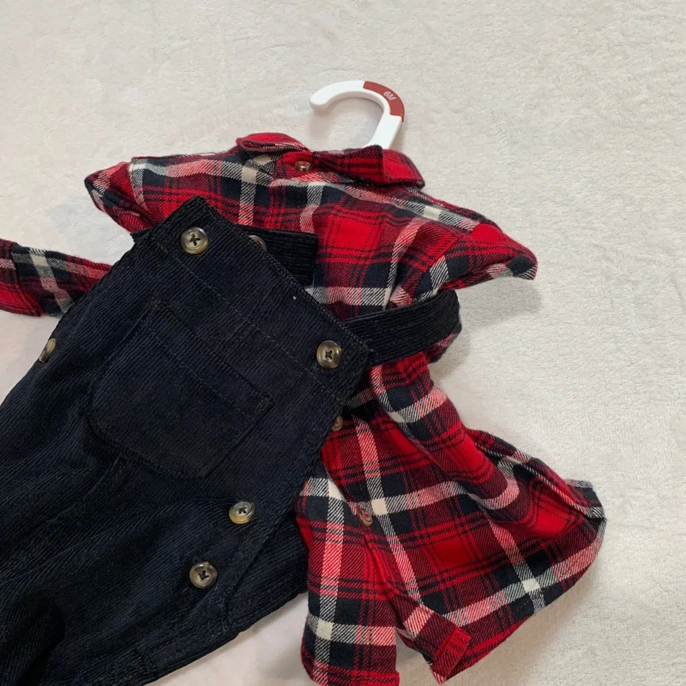 Carters plaid shirt and‎ black corduroy overalls 6 months new with tags